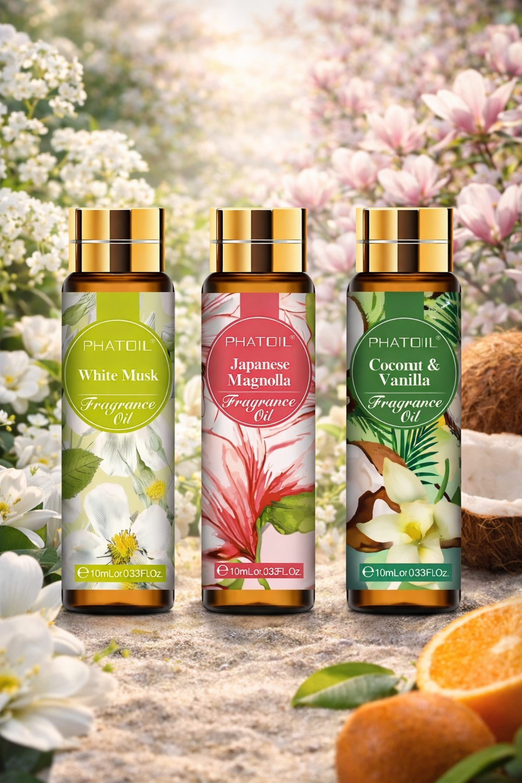 Trio d’huiles parfumées Douceur – Coconut Vanilla, Musc blanc & Magnolia