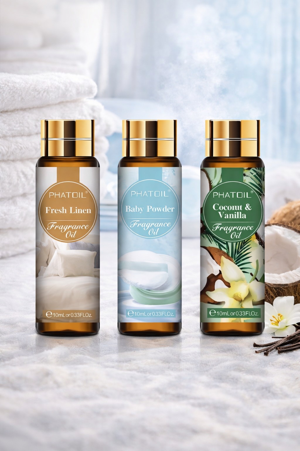 Trio d’huiles parfumées Cocooning – Coconut Vanille, Poudre de bébé & Linge propre
