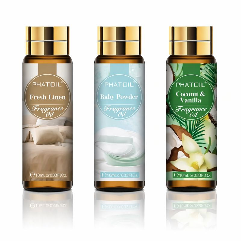 Trio d’huiles parfumées Cocooning – Coconut Vanille, Poudre de bébé & Linge propre